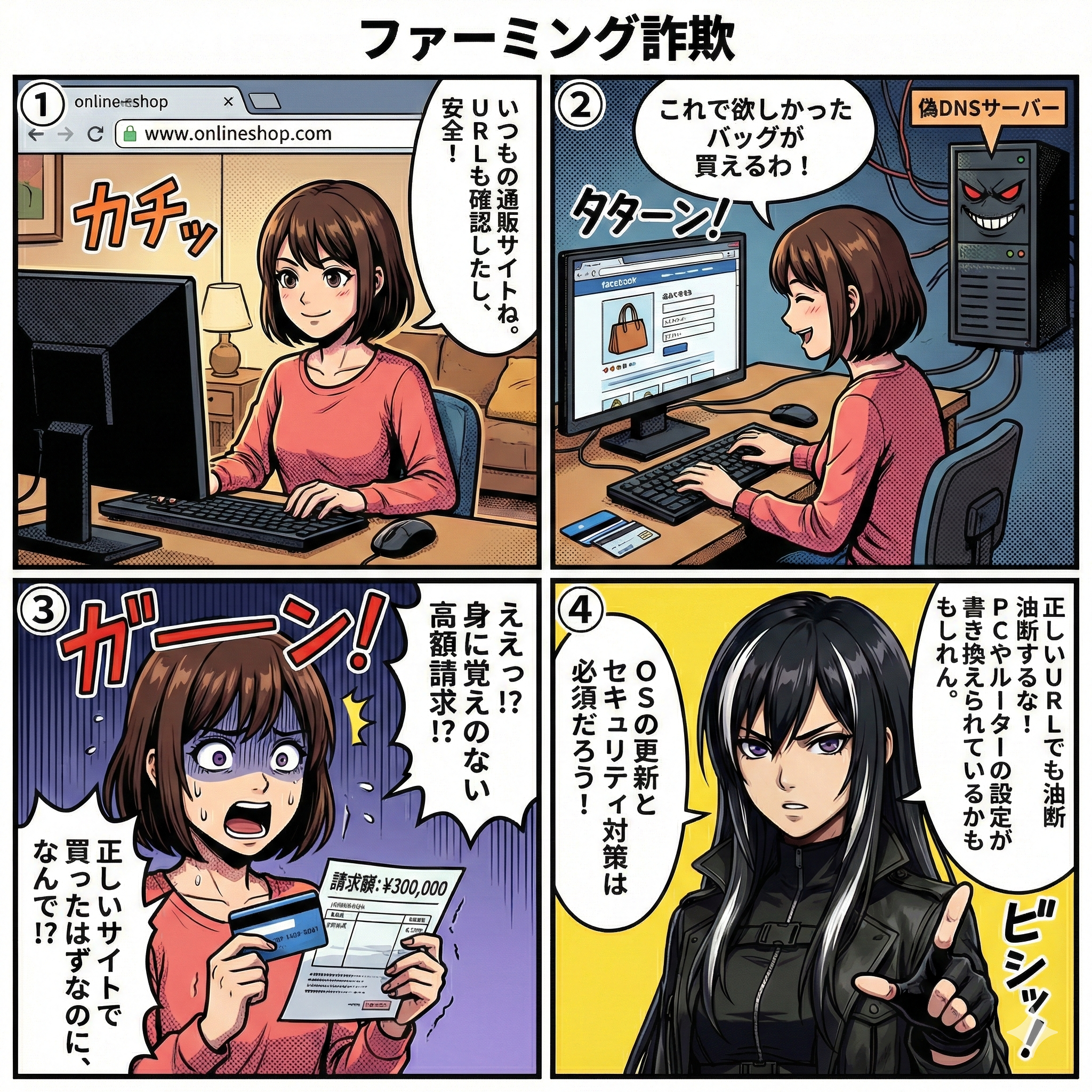正しいURLを入力しても偽サイトに誘導され個人情報を盗まれるファーミング詐欺の手口と被害事例を描いた4コマ漫画。