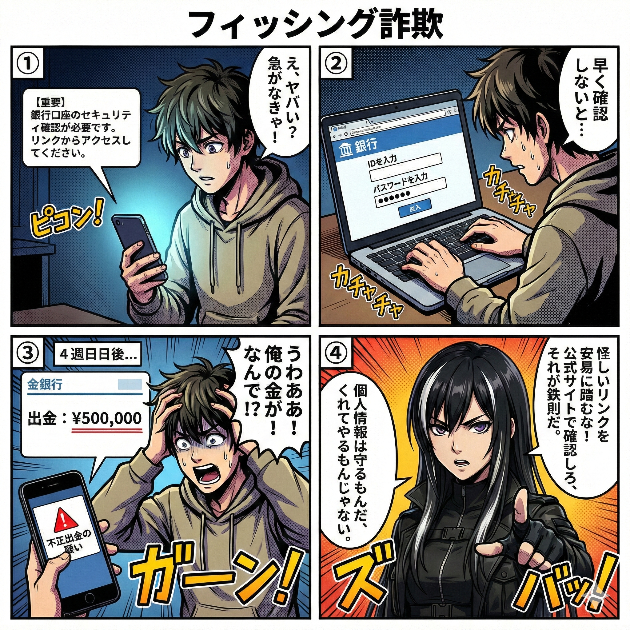 偽の銀行セキュリティ通知からIDやパスワードを盗み出し、不正出金を行うフィッシング詐欺の典型的な手口と対策を描いた4コマ漫画。