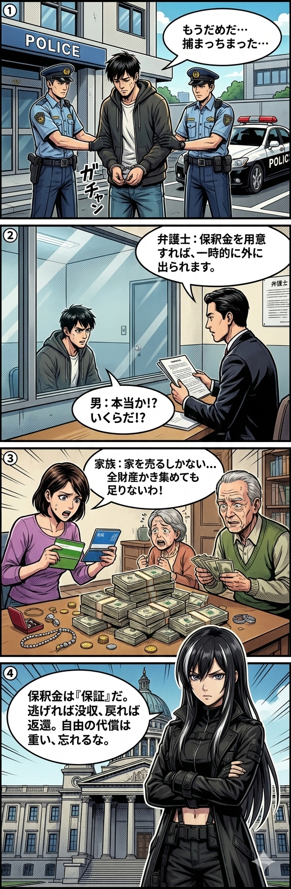 刑事事件で逮捕された男性が弁護士から保釈制度について聞き、高額な保釈金を工面するために家族が奔走する様子を描いた4コマ漫画