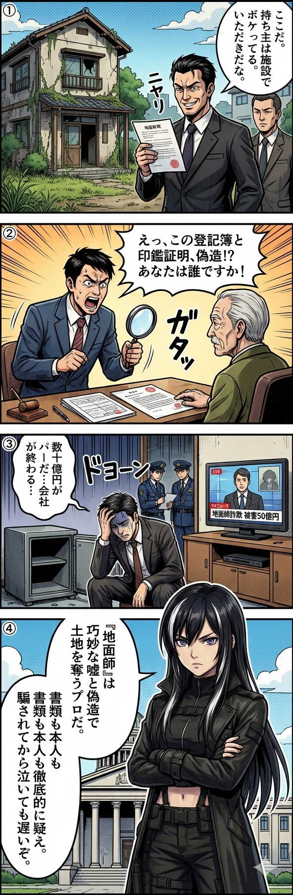 地面師グループが偽造書類となりすまし役を使って他人の土地を無断で売却し、不動産会社に巨額の被害を与える手口を描いた4コマ漫画