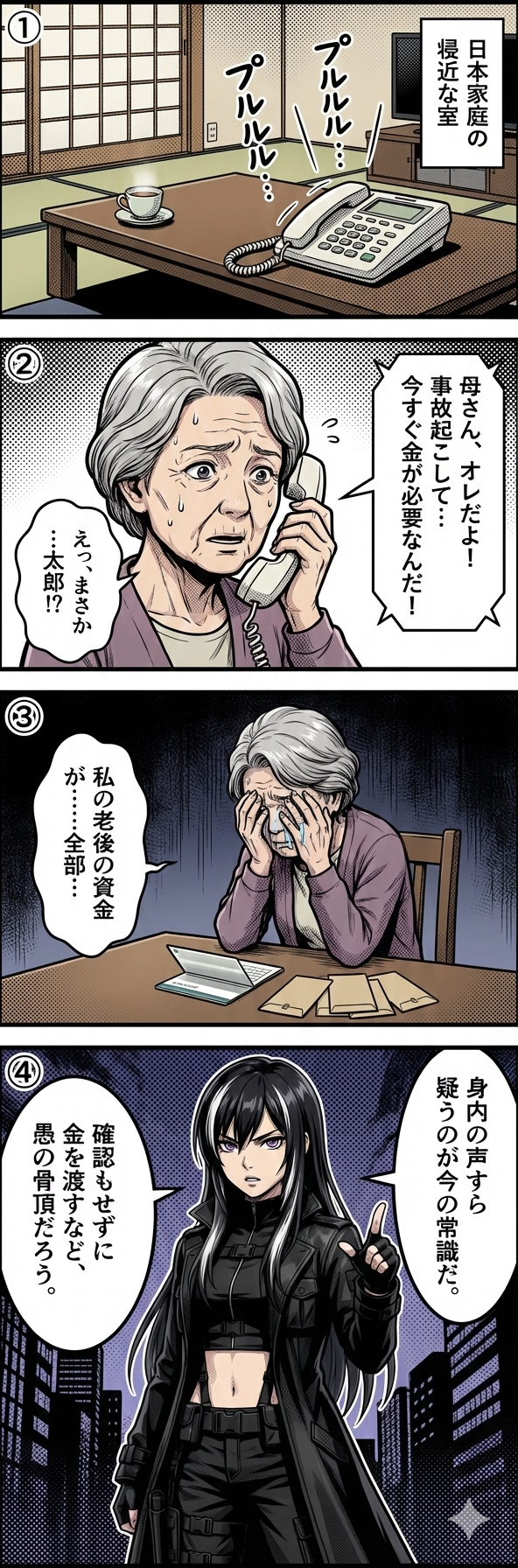 オレオレ詐欺の手口で老後資金を失う高齢女性と、確認の重要性を説く専門家を描いた4コマ漫画。