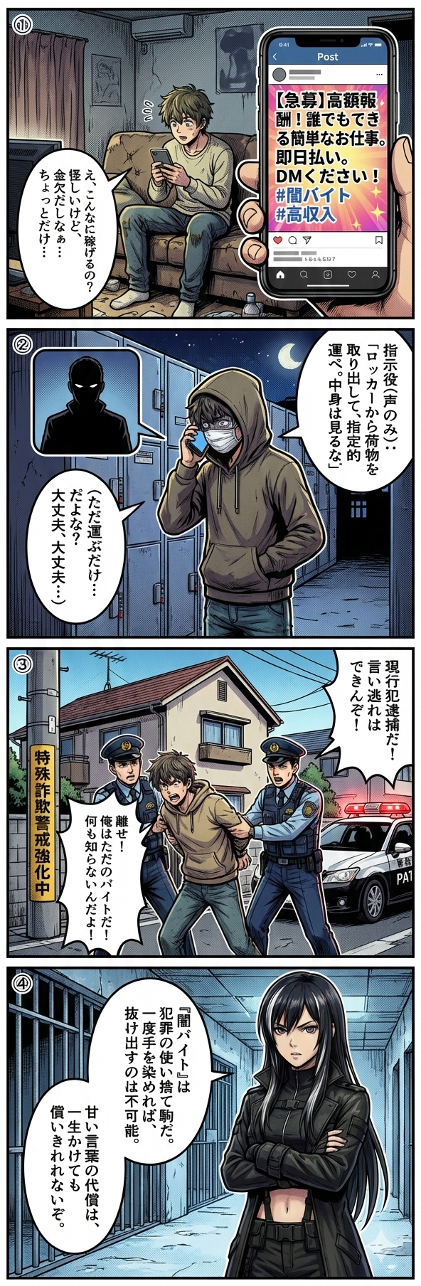 SNSでの高額報酬募集につられた若者が闇バイトの実行犯として利用され警察に現行犯逮捕されるまでを描いた啓発4コマ漫画