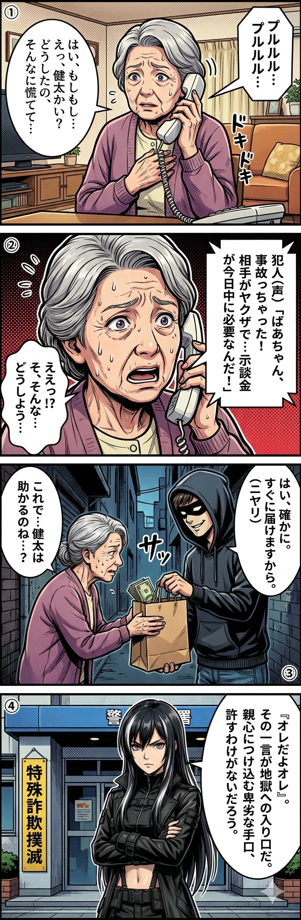 高齢女性が息子を装う電話に騙され、事故の示談金名目で現金を「受け子」に手渡してしまう特殊詐欺(オレオレ詐欺)の被害事例を描いた4コマ漫画