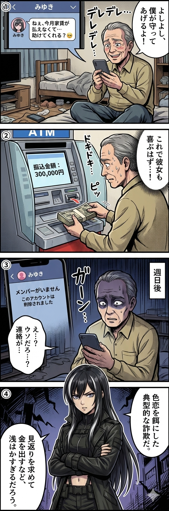 恋愛感情を利用して男性から多額の現金を騙し取る「頂き女子」の手口と、その末路を描いた4コマ漫画。