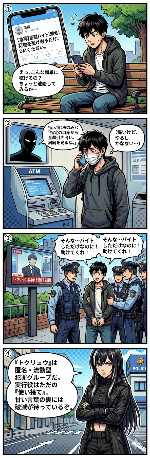 SNSの闇バイト募集に応募した若者が、トクリュウ(匿名・流動型犯罪グループ)の指示で特殊詐欺の受け子として利用され、最終的に警察に逮捕されるまでを描いた警鐘4コマ漫画