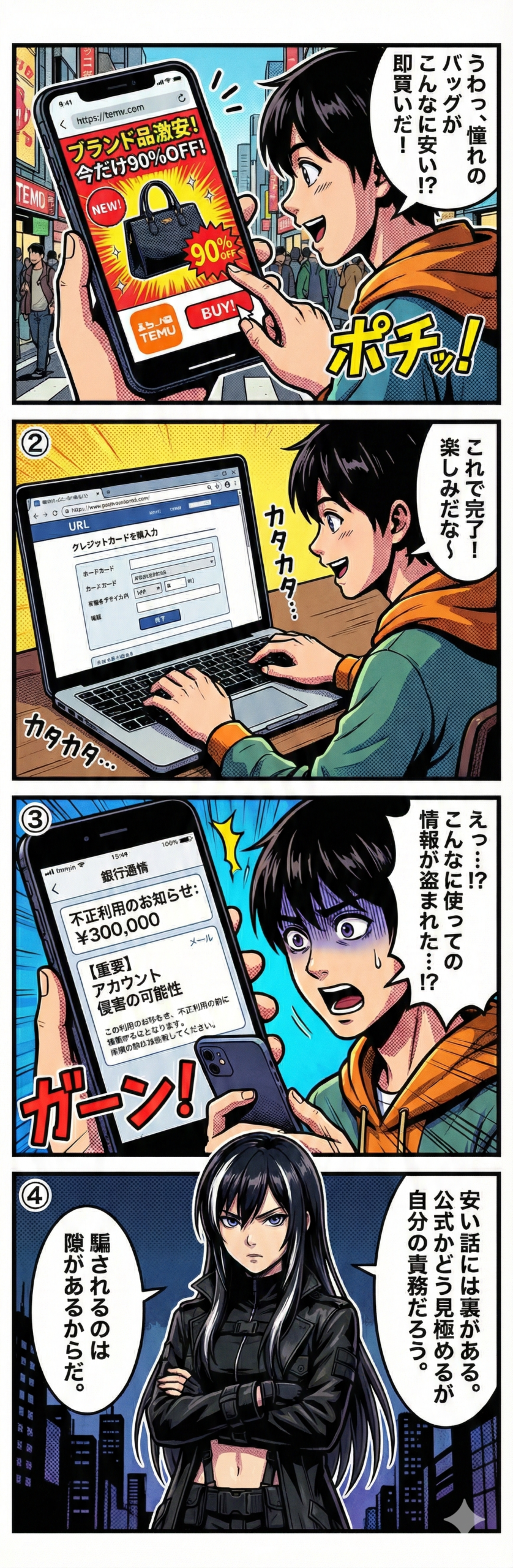 Temuを装った偽の激安通販サイトでクレジットカード情報を盗まれ、多額の不正利用被害に遭うフィッシング詐欺の事例を描いた4コマ漫画。
