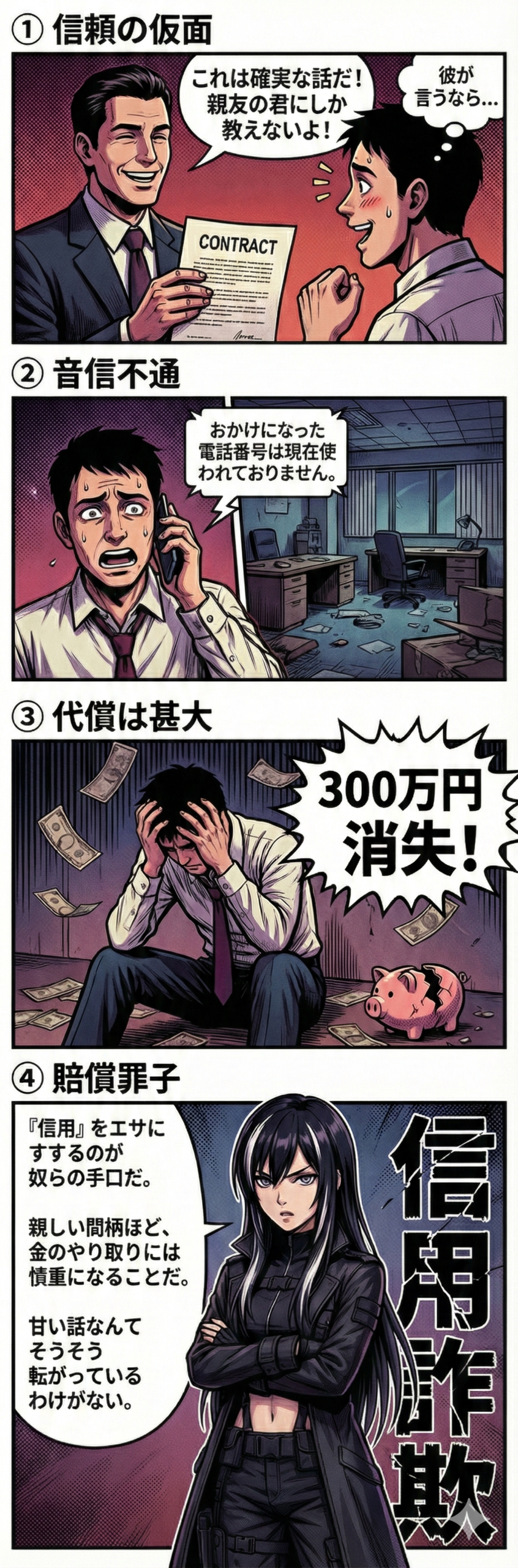 親友を装った人物から確実な投資話を持ちかけられ連絡が途絶えた結果300万円の被害に遭う信用詐欺の事例を描いた4コマ漫画