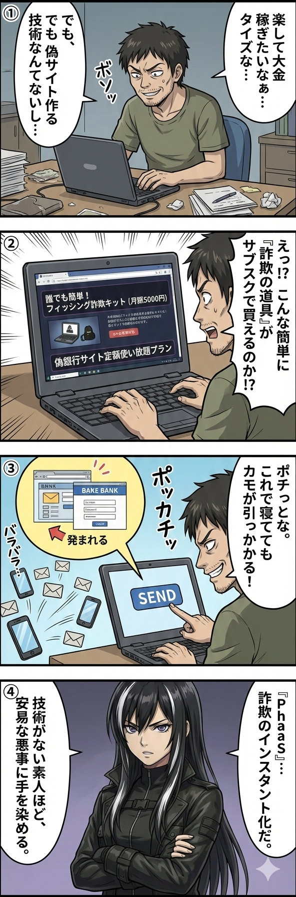 PhaaSを利用して技術力のない人物が簡単にフィッシング詐欺を実行する様子を描いた4コマ漫画