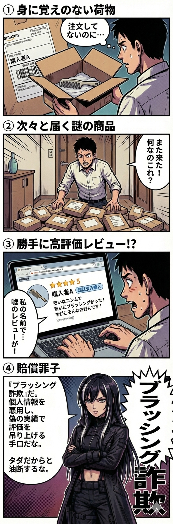 注文していない商品が次々と届き自分の名前で勝手に高評価レビューが投稿されるブラッシング詐欺の手口と被害を描いた4コマ漫画