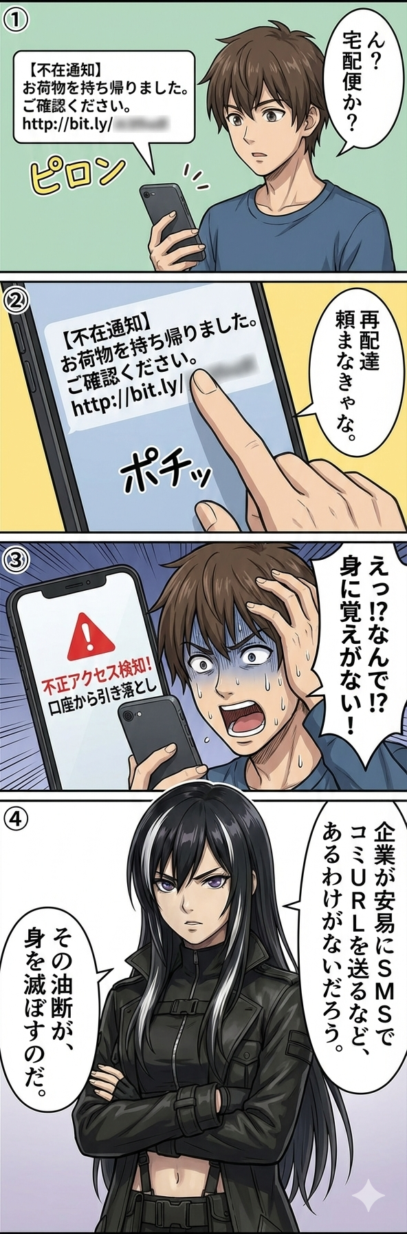 スミッシング詐欺の被害事例と対策を解説する4コマ漫画
