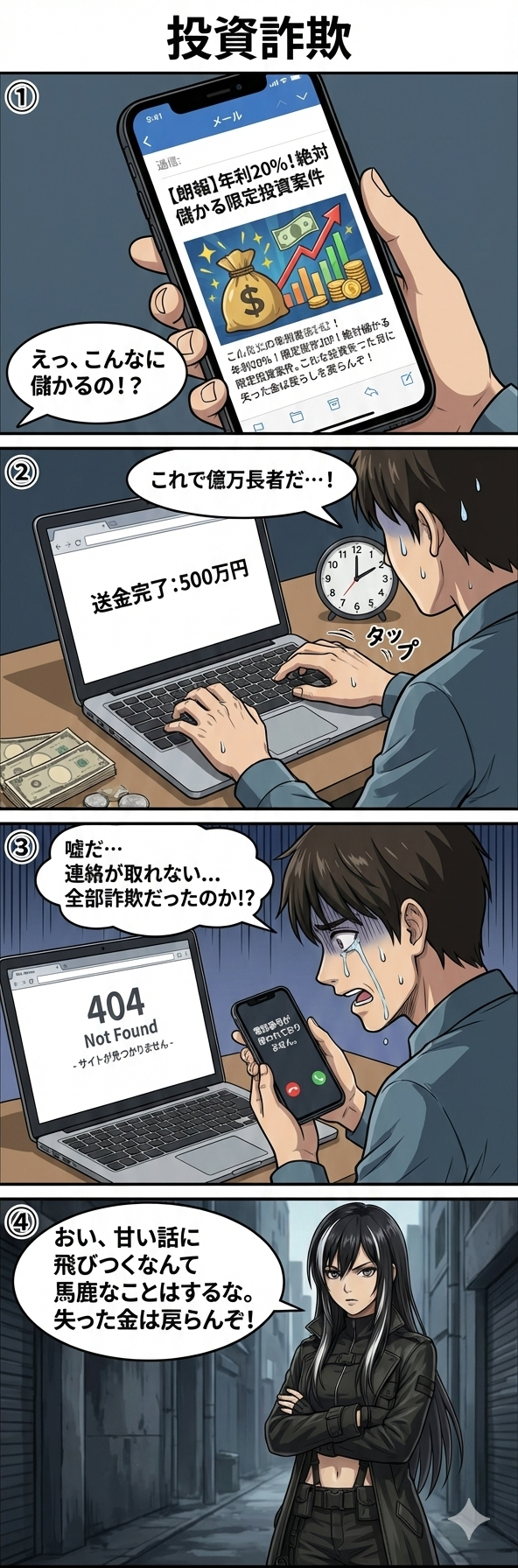 年利20%などと謳う投資詐欺の典型的な手口と被害の結末を描いた4コマ漫画。