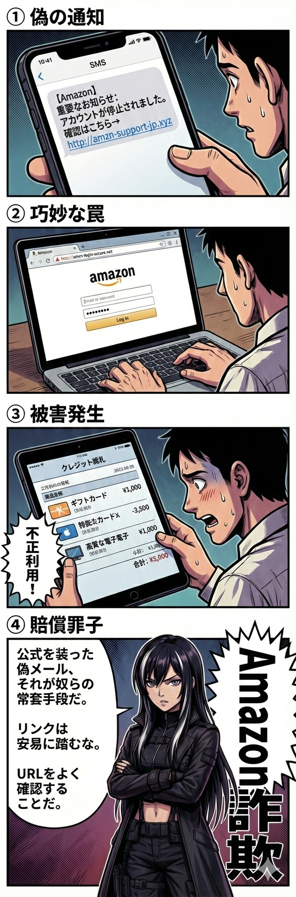 Amazonを騙る偽のSMS通知からフィッシングサイトへ誘導されクレジットカード情報を盗み取られて不正利用の被害に遭うまでの流れを描いた4コマ漫画
