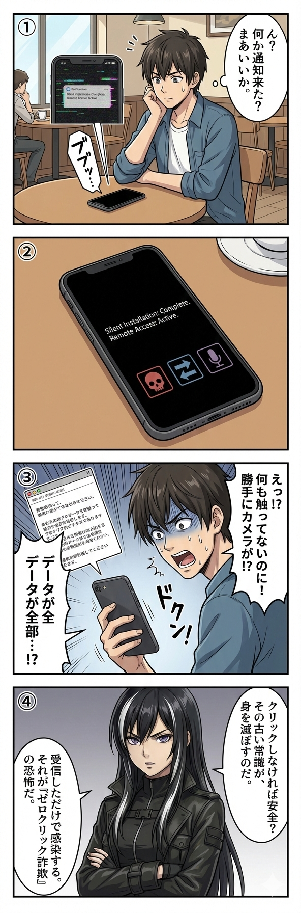 受信しただけで端末が乗っ取られるゼロクリック詐欺の被害事例を描いた4コマ漫画