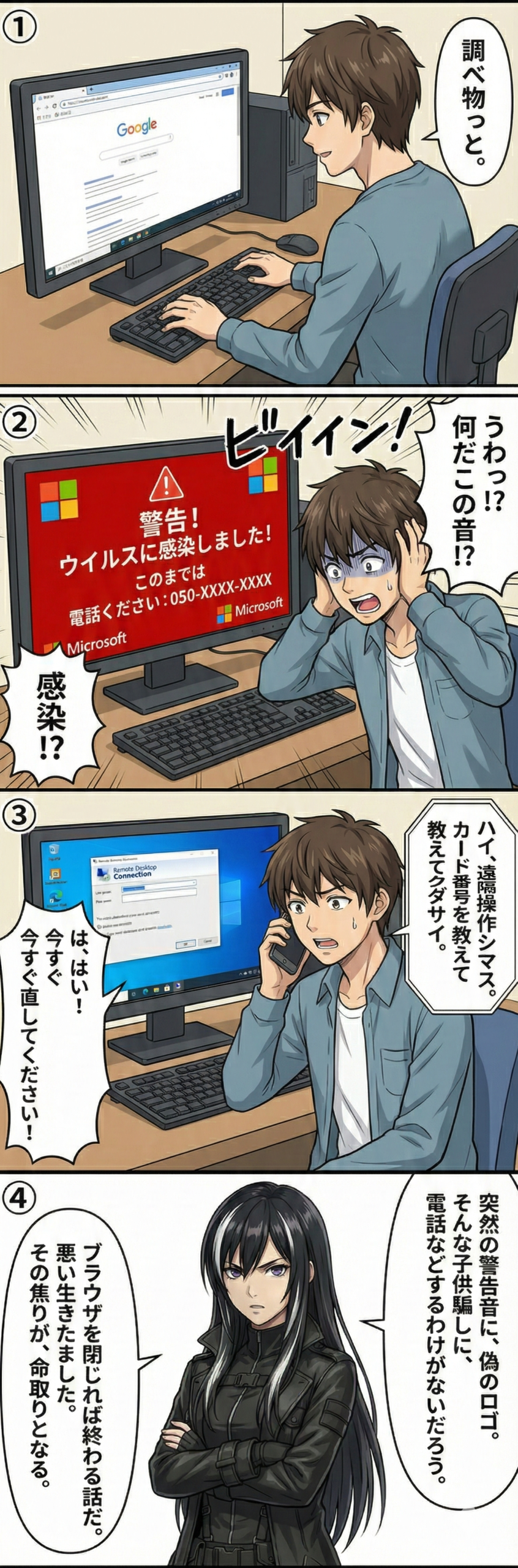 PC操作中に突然の偽ウイルス警告画面が表示され焦って電話をかけてしまうサポート詐欺の被害事例を描いた4コマ漫画