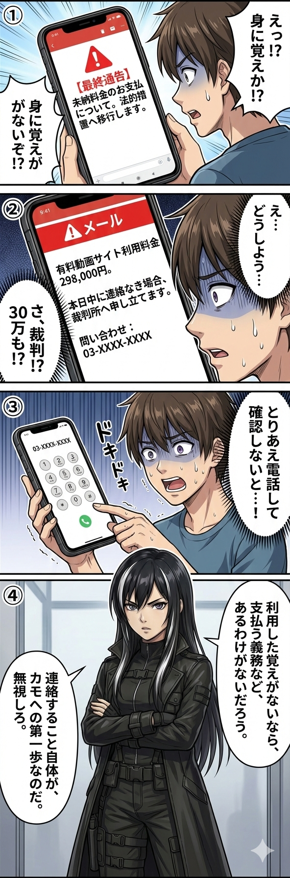 身に覚えのない高額な架空請求メールを受け取り慌てて電話しようとする男性を描いた4コマ漫画