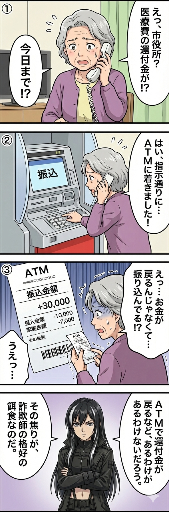 市役所職員を装う還付金詐欺の手口で高齢女性がATMから現金を振り込んでしまう被害事例の4コマ漫画