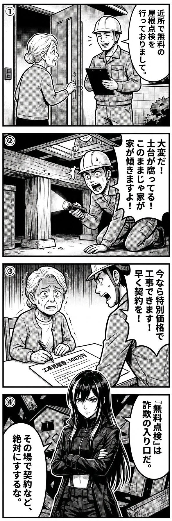 無料点検を装い嘘の報告で不安を煽り高額な契約を迫る点検詐欺の手口と対策を描いた4コマ漫画。