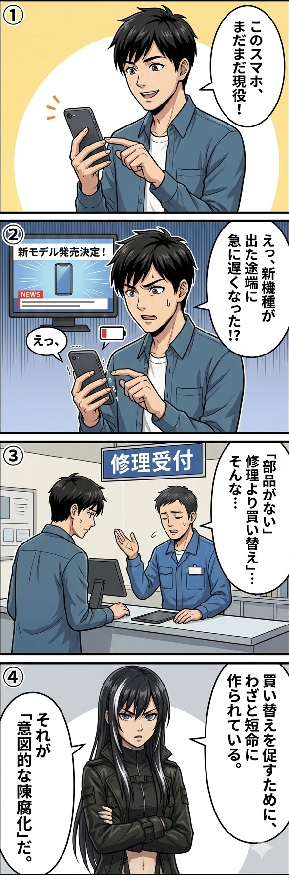 スマートフォンの性能低下や修理困難を通じて買い替えを促す、意図的な陳腐化の事例を描いた4コマ漫画。