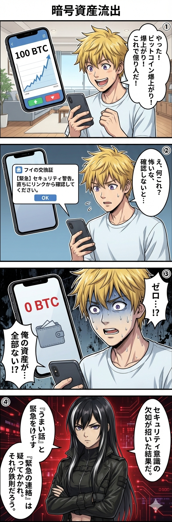 暗号資産の価格高騰に乗じたフィッシング詐欺により、偽のセキュリティ警告から全資産を流出させてしまう被害事例を解説した4コマ漫画。