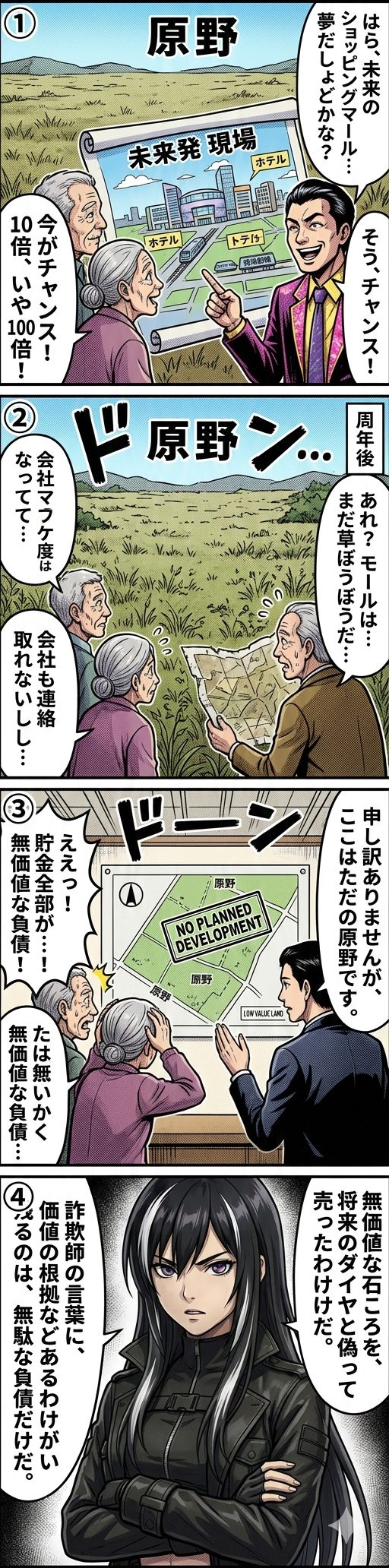 将来値上がりするという虚偽の説明で価値のない土地を売りつける、原野商法の典型的な被害プロセスと注意点を描いた4コマ漫画。