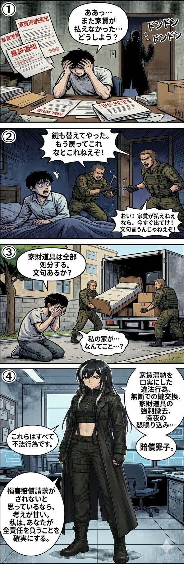 家賃滞納を理由に、無断の鍵交換や家財道具の強制撤去を行う追い出し屋の違法行為を描いた4コマ漫画。専門家がこれらが不法行為であることを解説する。