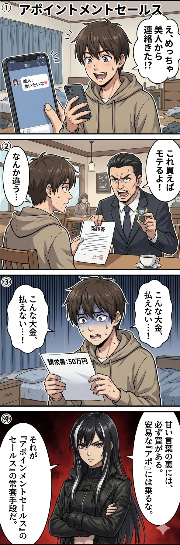SNSやマッチングアプリでの出会いを装い、目的を隠して呼び出した相手に高額商品を契約させるアポイントメントセールスの被害事例を描いた4コマ漫画。