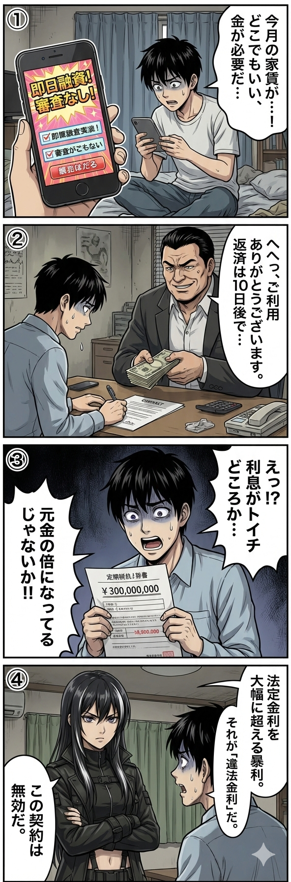 「即日融資・審査なし」の広告に騙され、法外な利息を請求されるヤミ金被害と、それが違法金利であり契約無効であることを示す4コマ漫画。