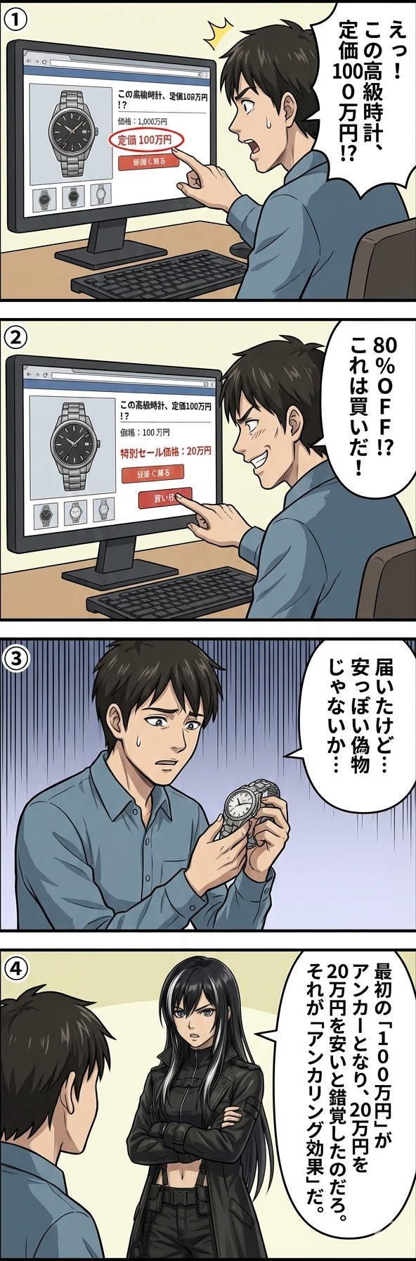 アンカリング効果を悪用したネット通販詐欺の事例を描いた4コマ漫画。