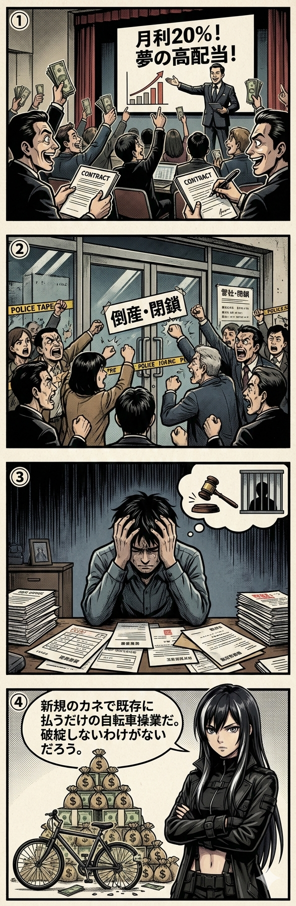 高配当を装い新規出資金を既存の配当に回すポンジスキームの仕組みと、投資破綻による悲劇を解説する4コマ漫画。