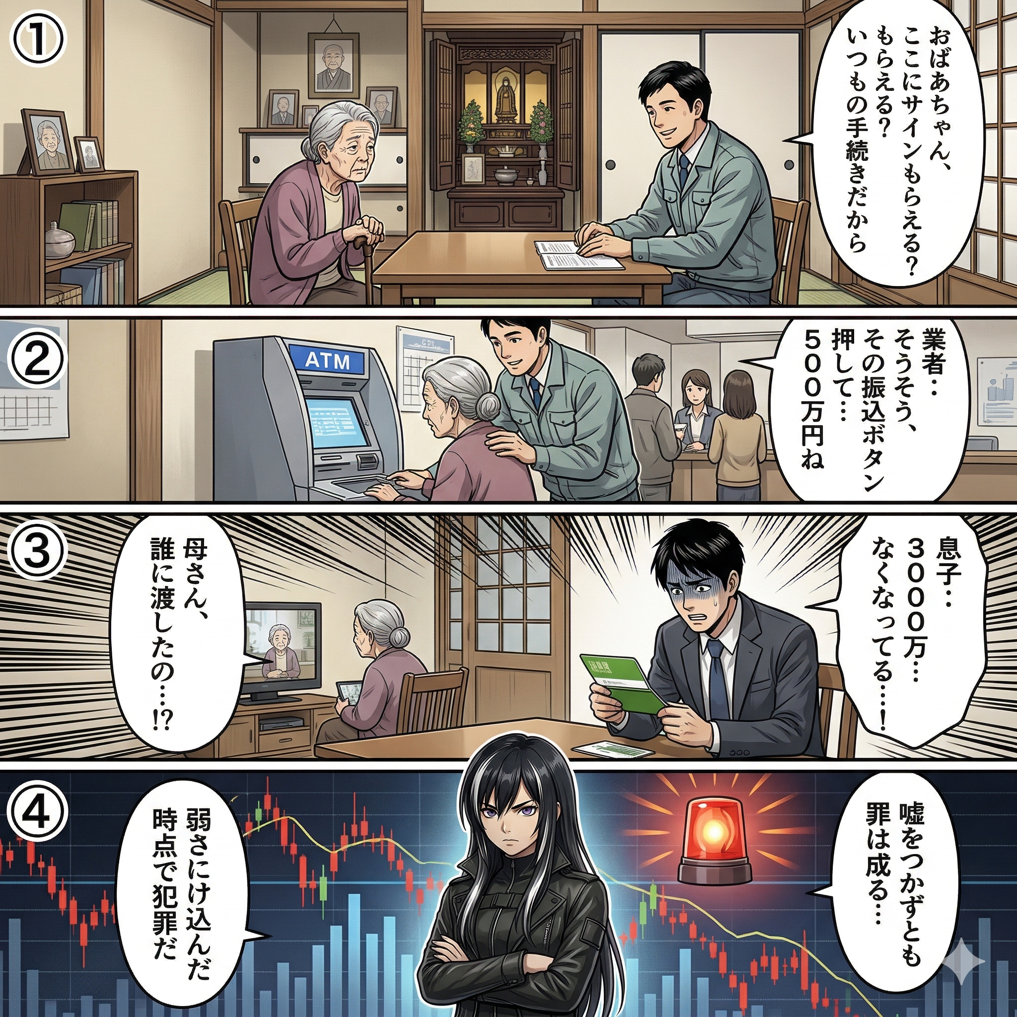 準詐欺罪の手口でリフォーム業者が認知症の高齢女性から3000万円を奪う過程を描いた4コマ漫画