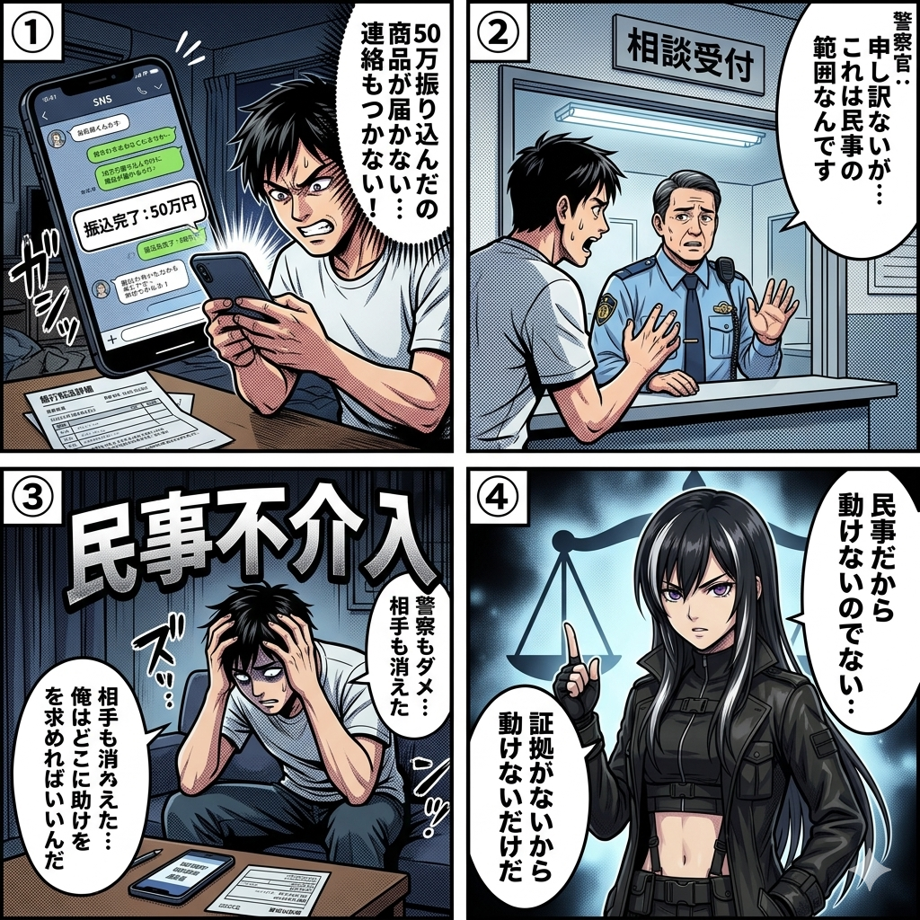 民事不介入の原則を4コマ漫画で解説。詐欺被害を警察に訴えたが民事の範囲と断られ途方に暮れる男性に賠償罪子が証拠の重要性を突きつける