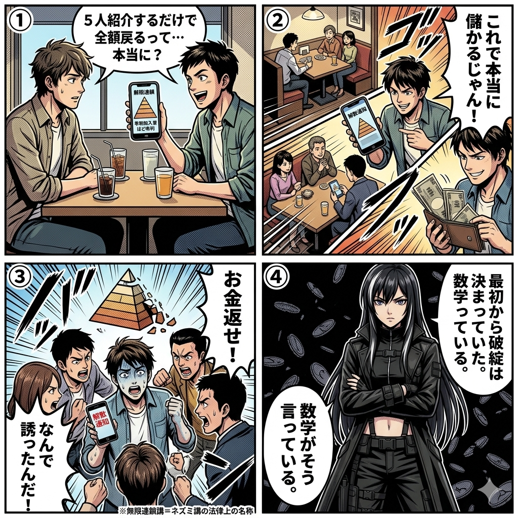 友人に誘われてネズミ講に加入し一時的に配当を得て知人を次々と勧誘した若者が組織崩壊後に被害者から訴えられ刑事罰のリスクにも直面する顛末を描いた4コマ漫画