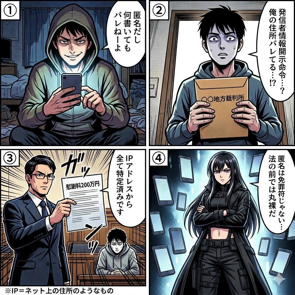 プロバイダ責任制限法に基づく発信者情報開示請求の流れを4コマ漫画で解説。匿名で誹謗中傷を書き込んだ男性がIPアドレスから身元を特定され損害賠償を請求されるまでの実例