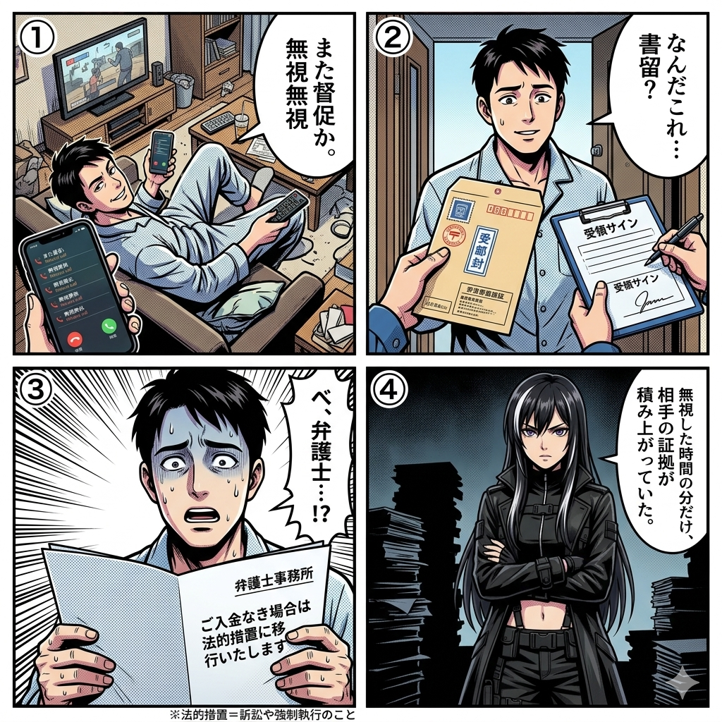 未払い督促を電話で無視し続けた男性が弁護士名義の内容証明郵便を受け取り初めて事態の深刻さを悟る顛末を描いた4コマ漫画