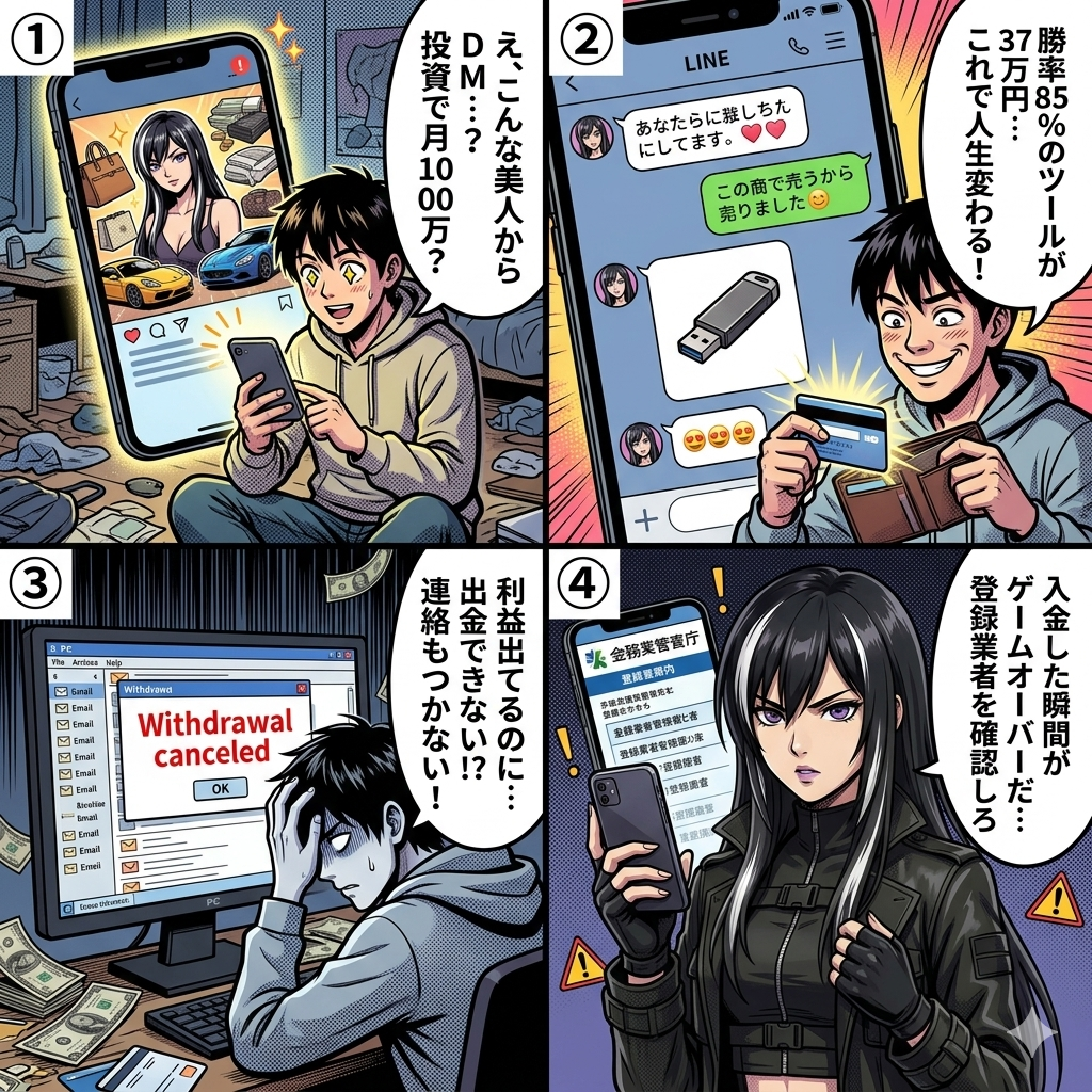 SNSで知り合った美女アカウントにバイナリーオプションの必勝ツール購入を勧められ出金できなくなる詐欺被害を描いた4コマ漫画
