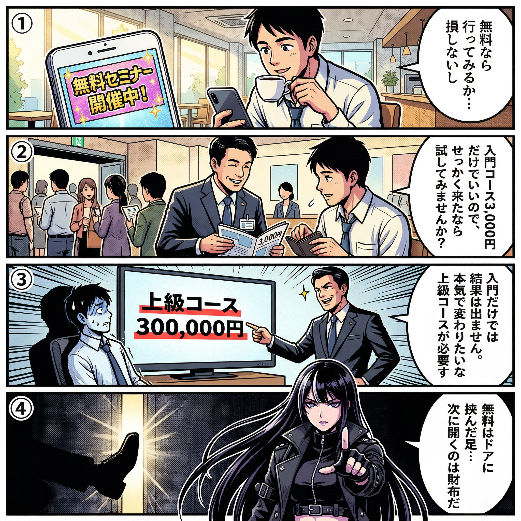 無料セミナーから段階的に高額コースへ誘導されるフット・イン・ザ・ドアの詐欺手口を描いた4コマ漫画