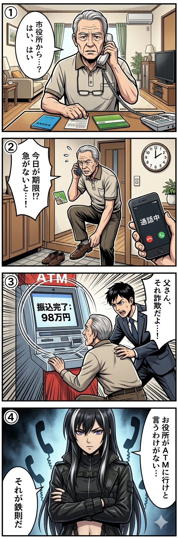 市役所を名乗る詐欺師に還付金があると騙され、父親がATMから98万円を振り込んでしまう公的機関装い詐欺の被害を描いた4コマ漫画