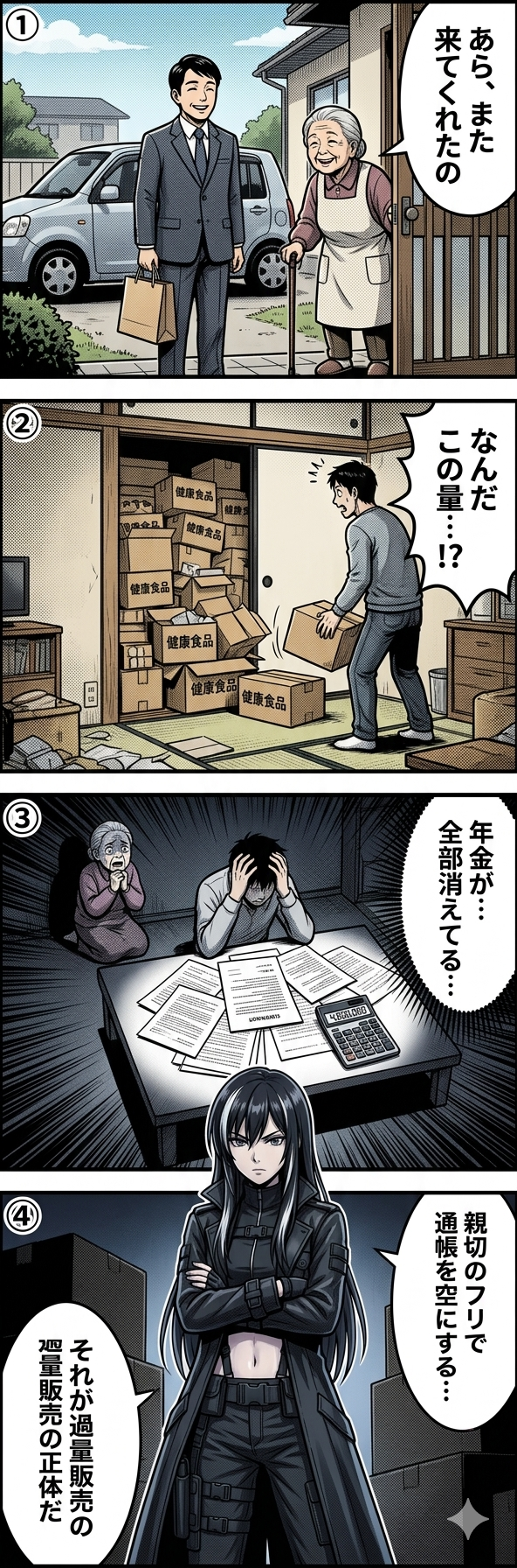 訪問販売員が一人暮らしの高齢女性に健康食品を繰り返し購入させ、年金が消えるまで過量販売を続ける被害の流れを描いた4コマ漫画