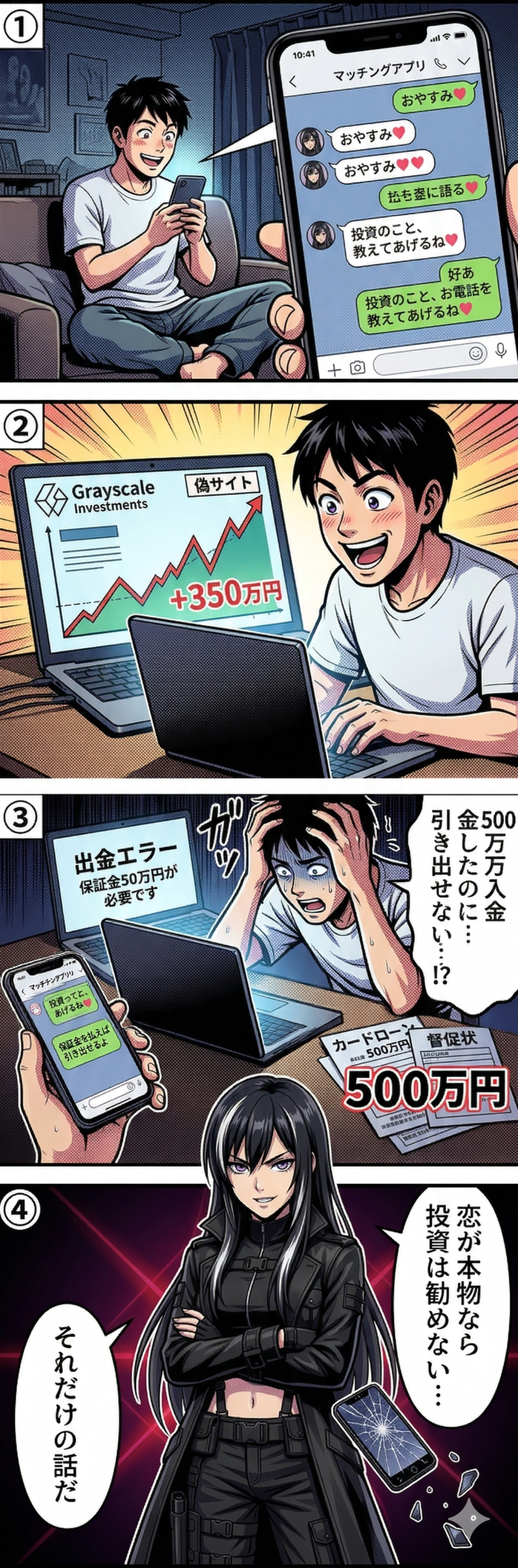 グレイスケール詐欺でマッチングアプリの相手に偽サイトへ誘導され仮想通貨を騙し取られる被害の流れを描いた4コマ漫画