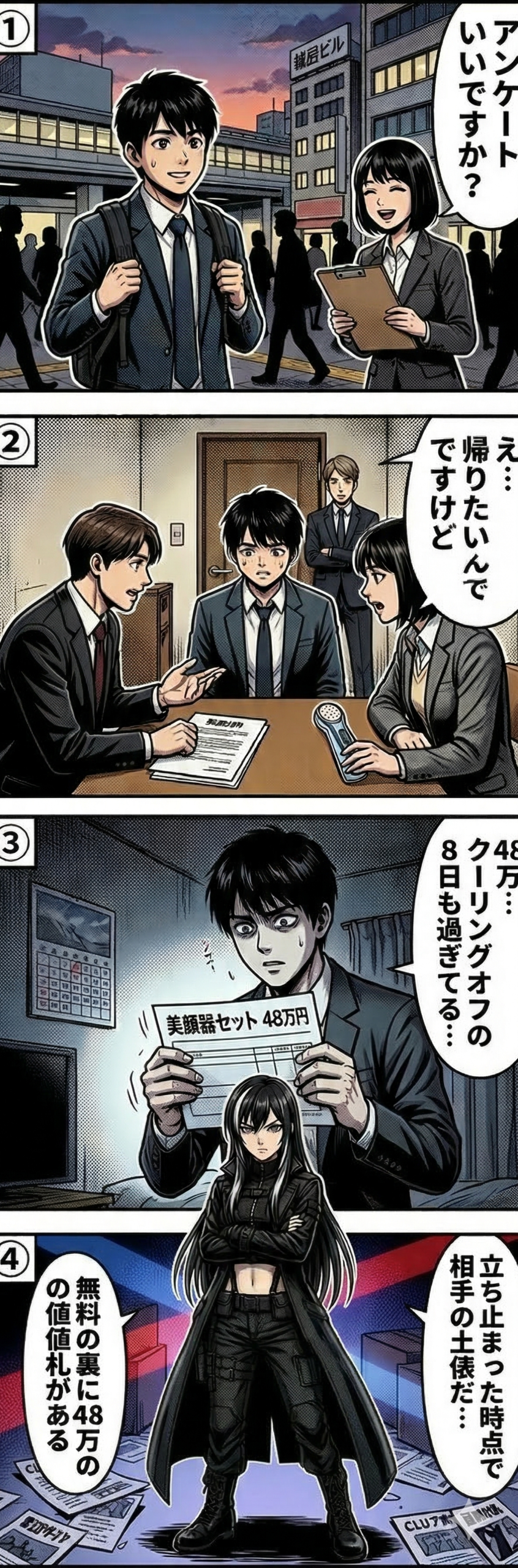 キャッチセールスで路上アンケートに応じた会社員が雑居ビルに連れ込まれ48万円の美顔器を契約させられクーリングオフ期間も過ぎて絶望する被害事例の4コマ漫画