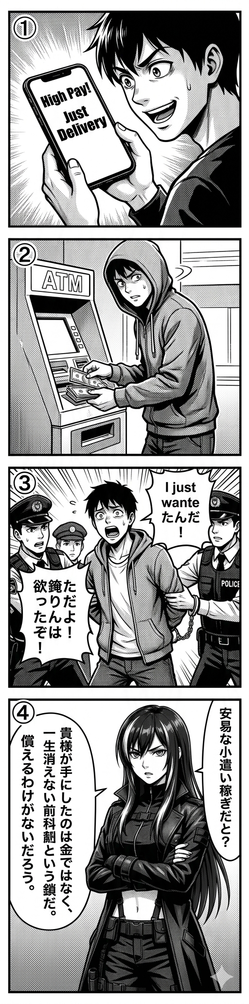 受け子・出し子の闇バイト勧誘を描いた4コマ漫画