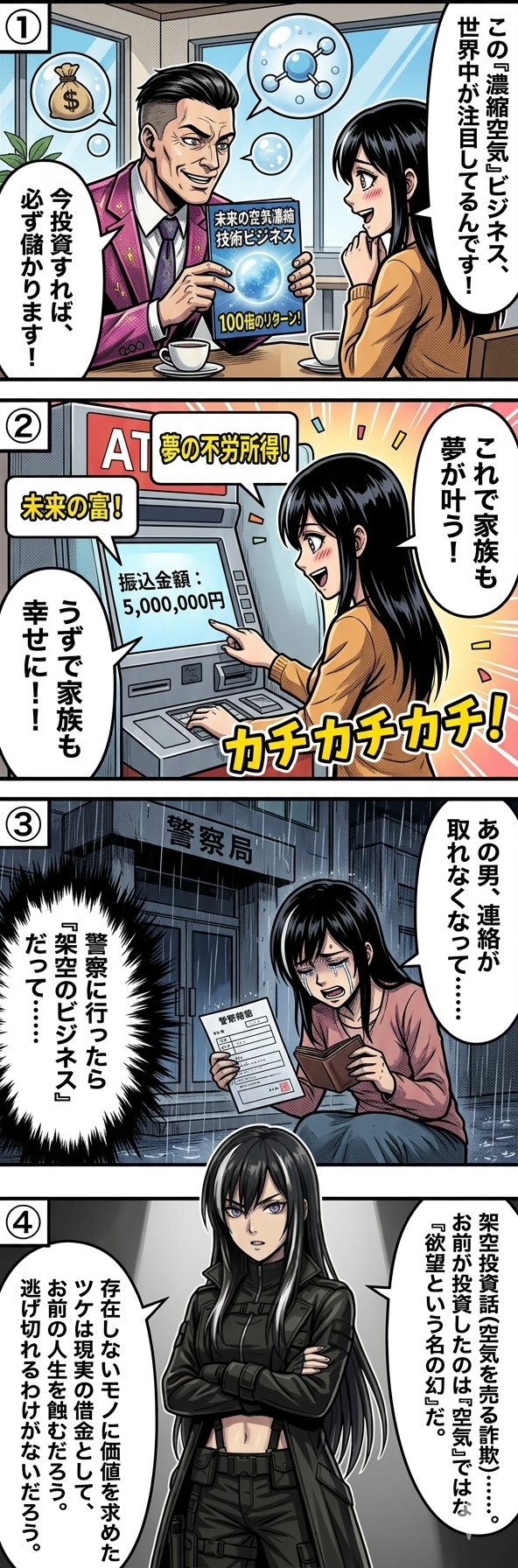 存在しない「空気濃縮技術」に投資すれば100倍のリターンがあるという架空のビジネス話に騙され、500万円もの大金を騙し取られる詐欺被害の事例。