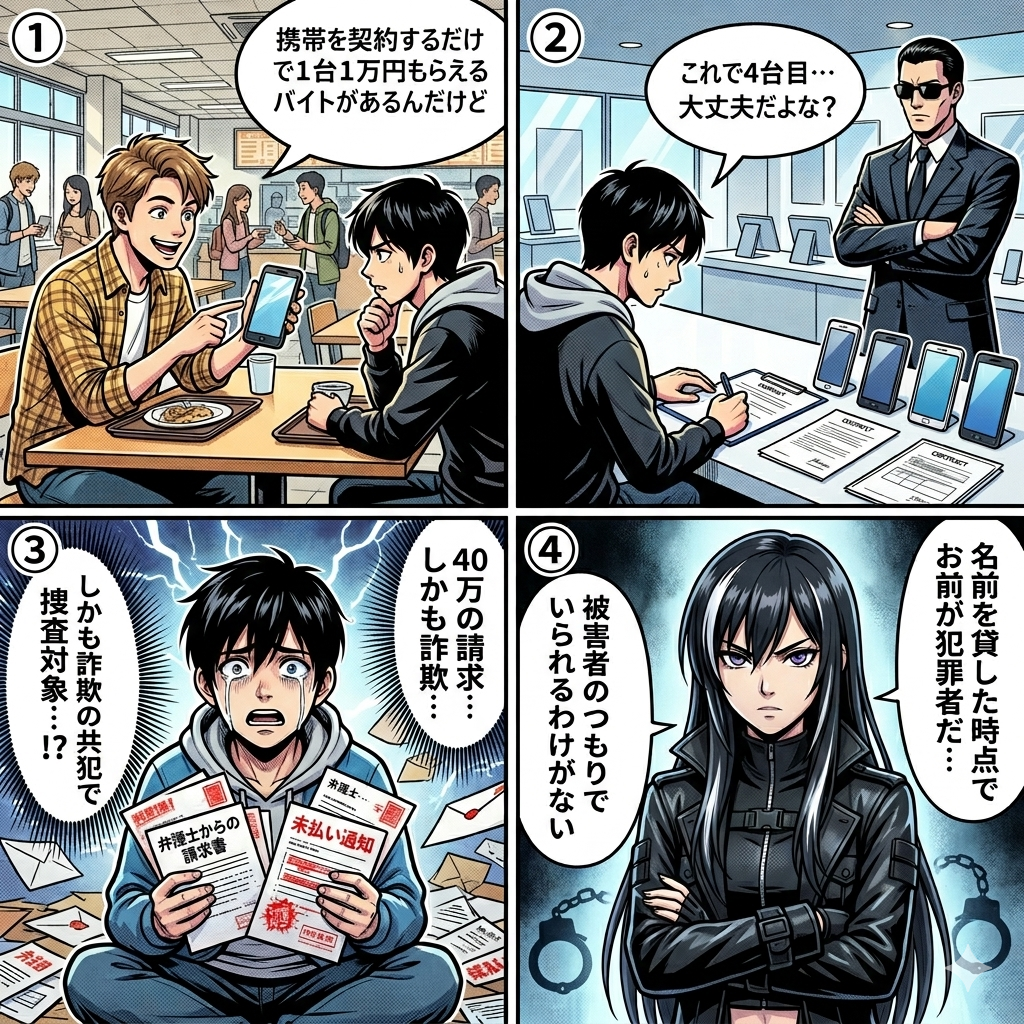 先輩に誘われて携帯電話の名義貸しバイトに応募した大学生が、40万円の督促と詐欺共犯の捜査対象になる過程を描いた4コマ漫画