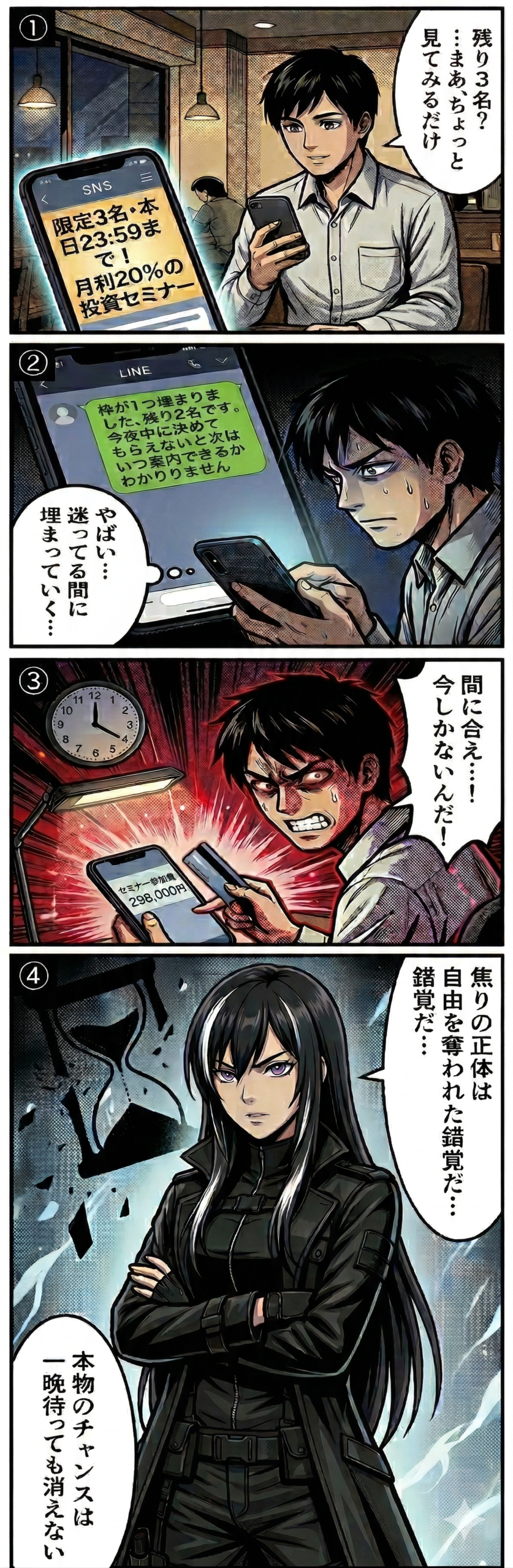 心理的リアクタンスを悪用した限定商法で、焦った若者が深夜に29万8千円の詐欺セミナーに申し込む過程を描いた4コマ漫画