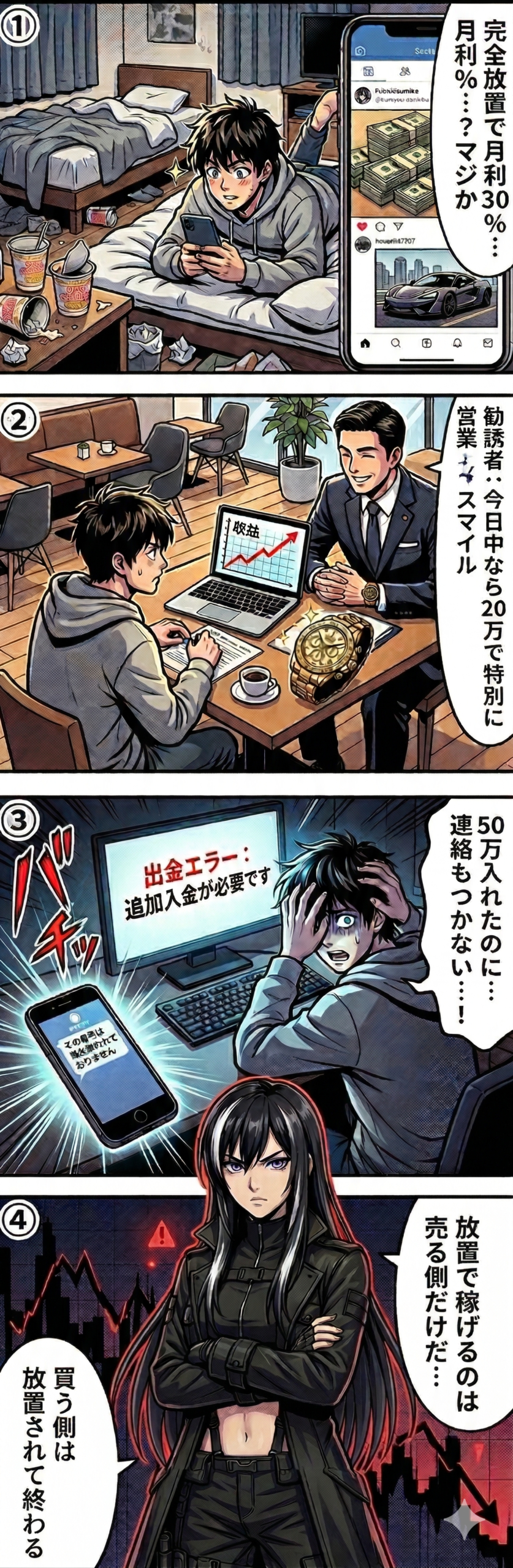 EA（自動売買ツール）詐欺でSNSの甘い勧誘に乗った若者が全額失う過程を描いた4コマ漫画