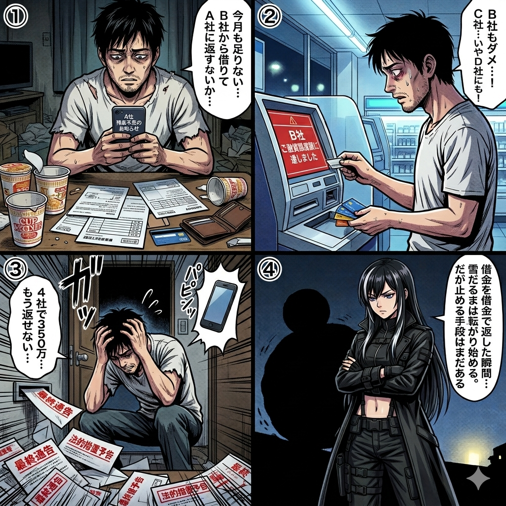 多重債務で4社から合計350万円を借り、返済不能に陥った会社員が督促状の山を前に絶望する過程を描いた4コマ漫画