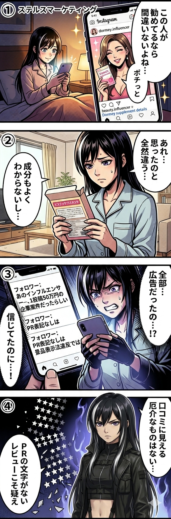 ステルスマーケティングでインフルエンサーのPR表記なし投稿を信じて粗悪なサプリを購入し、企業案件だったと知って騙されたことに気づく被害を描いた4コマ漫画