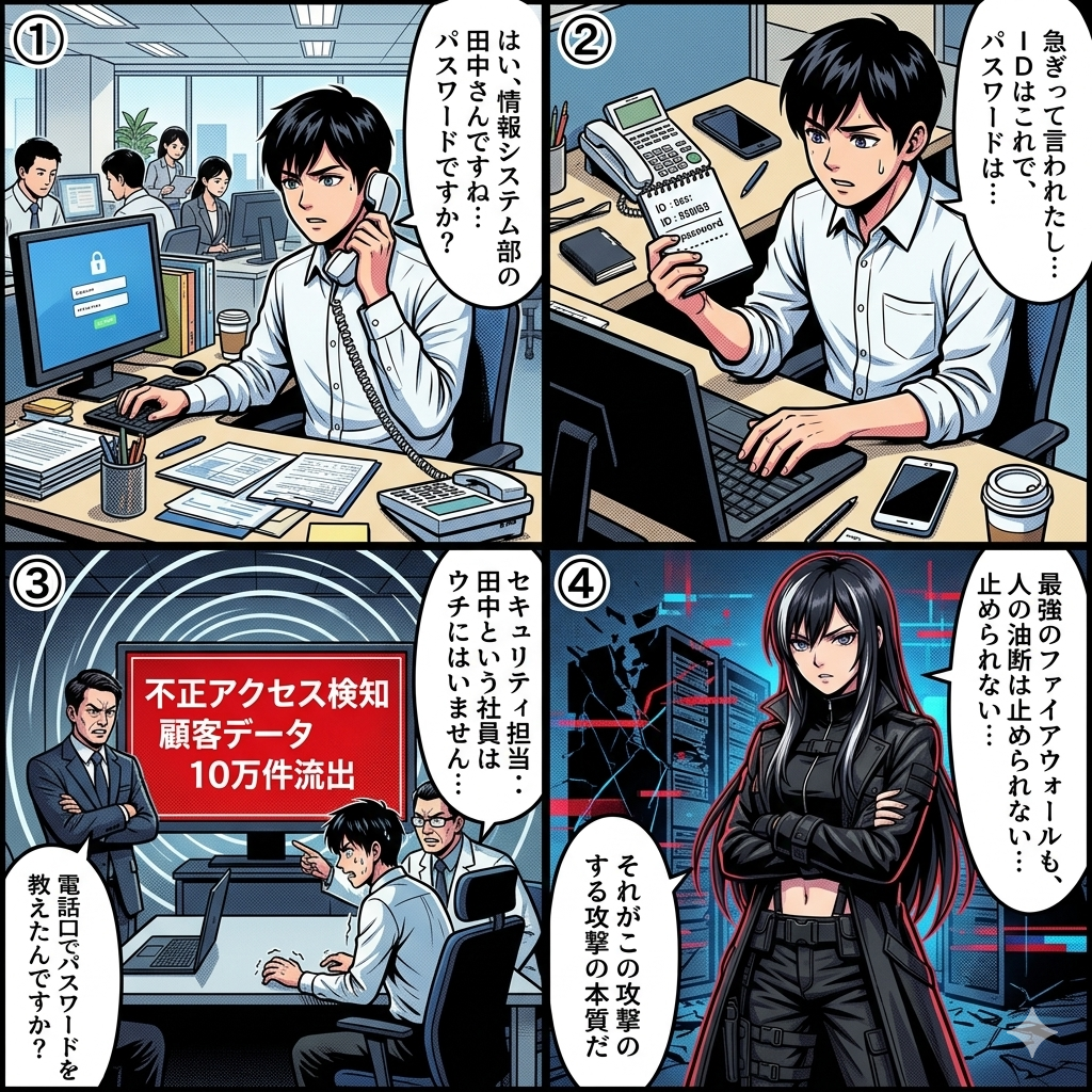ソーシャルエンジニアリングでIT担当者を装った電話にパスワードを教えてしまい、顧客データ10万件が流出する被害を描いた4コマ漫画