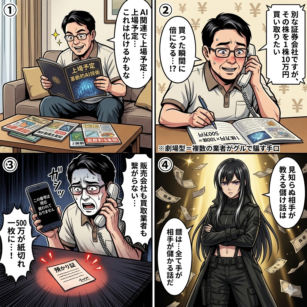 未公開株詐欺の劇場型手口を4コマ漫画で解説。パンフレットと買取業者の連携に騙されて500万円を失った男性の実例