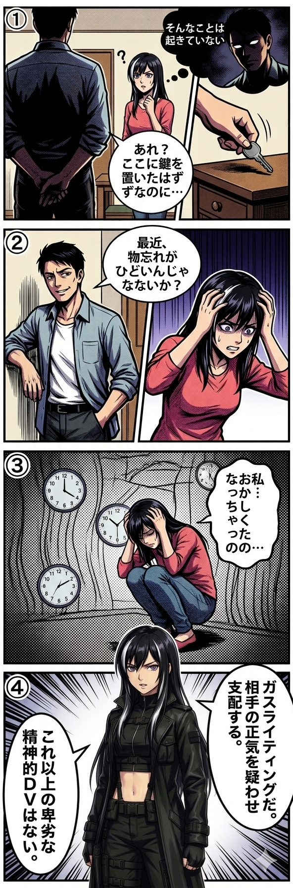 ガスライティングの手口を4コマで解説する漫画。加害者が嘘で被害者の記憶を否定し精神的に追い詰める様子